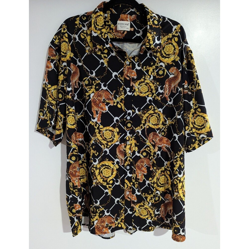 FOHEMR Mens 3XL Hawaiian Shirt Tiger Yellow Flower Print Button Short Sleeves
